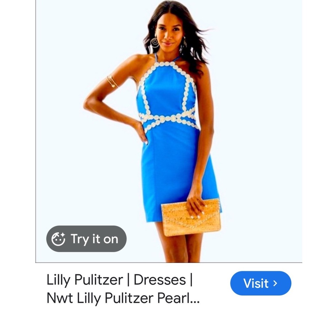 Lilly Pulitzer Dress Womens 16 Blue Pearl Shift Halter Lace Trim Seersucker NWT‎